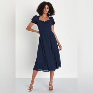 Lulu’s Romance Abounds Navy Swiss Dot Puff Sleeve A-Line Midi Dress NWOT